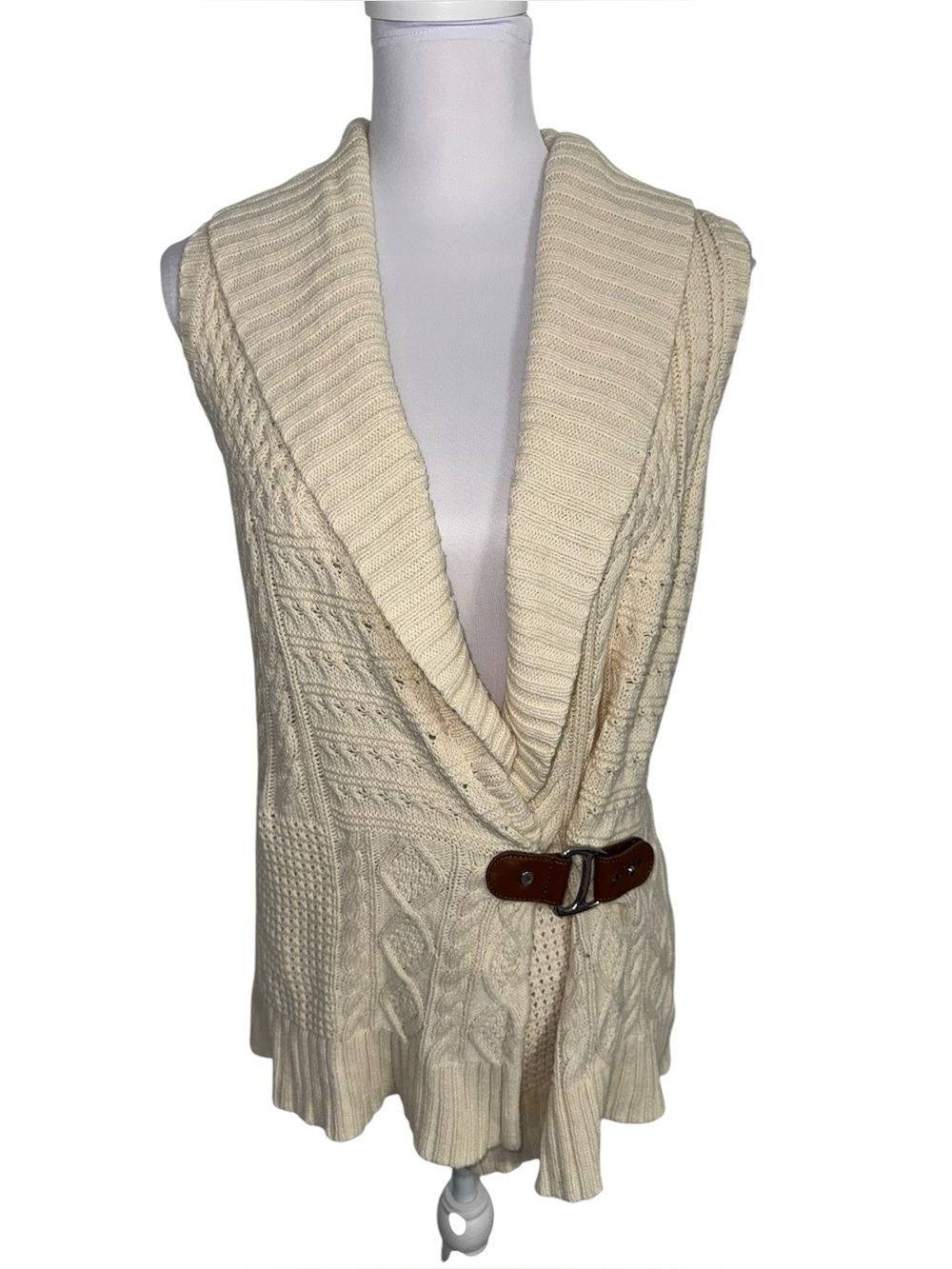 Lauren Ralph Lauren Wrap Cable Knit Sweater Vest‎ Buckle Ivory Cream Small